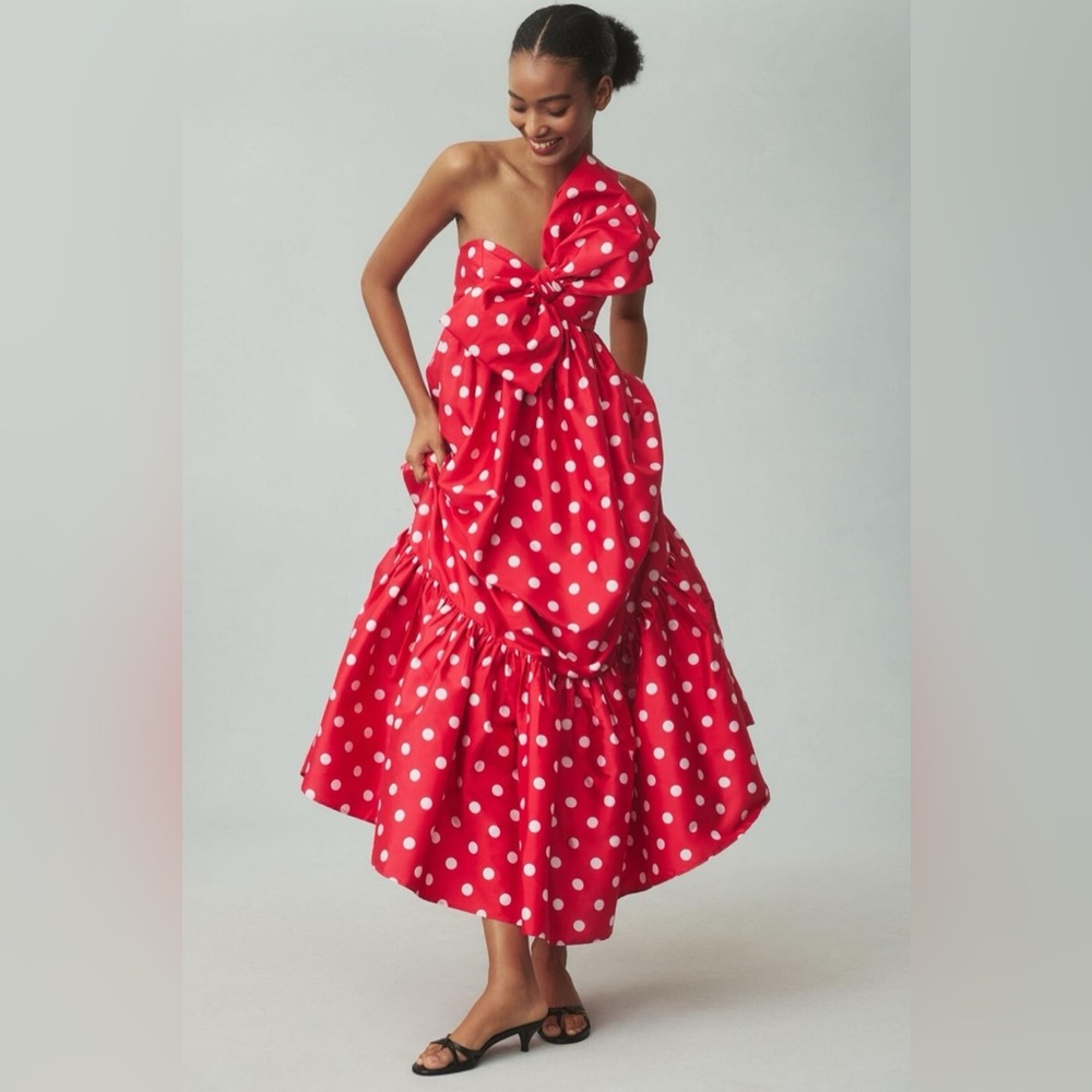 NEW Atsu Sally Bow Red Polka Dot Midi Dress